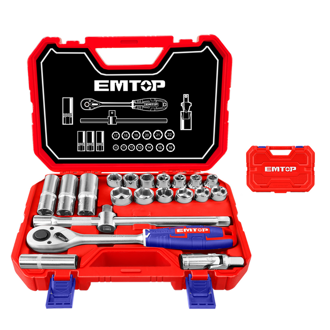 Coffret douilles et cliquet 1/2" Acier Cr-V 21 Pièces EMTOP Hover Image