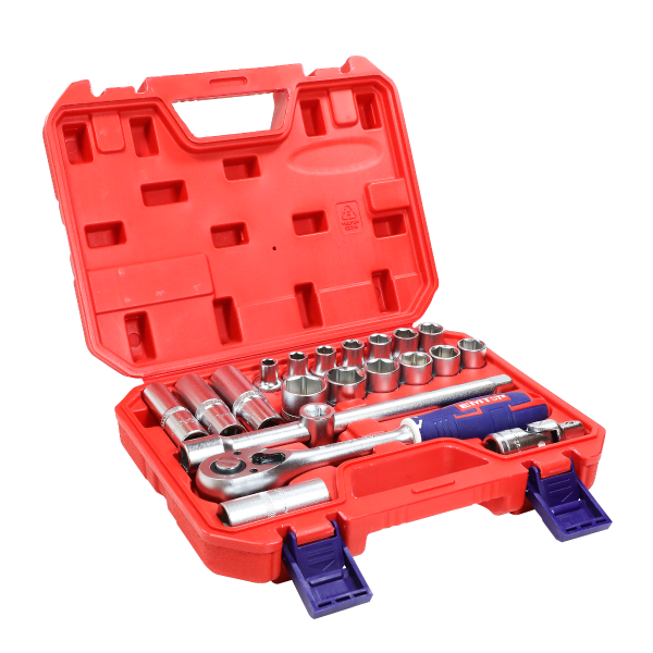Coffret de douilles 1/2″ 21 pièces en acier Cr-V avec cliquet et accessoires – EMTOP