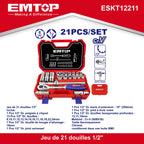 Coffret douilles et cliquet 1/2" Acier Cr-V 21 Pièces EMTOP