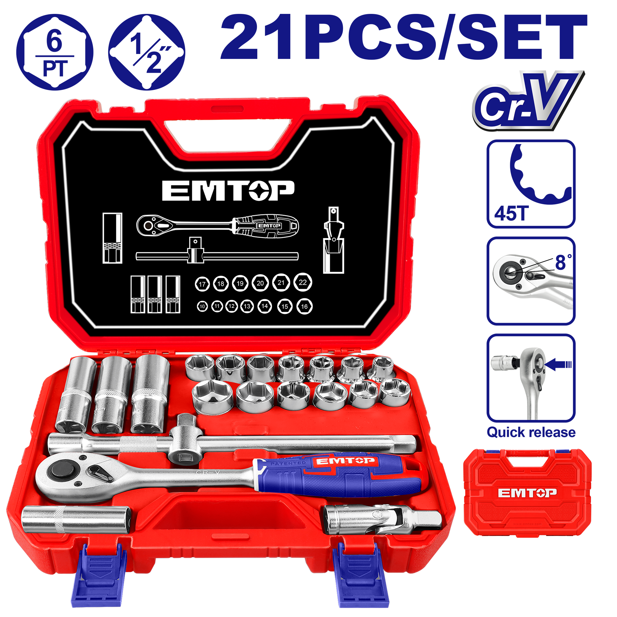 Coffret douilles et cliquet 1/2" Acier Cr-V 21 Pièces EMTOP