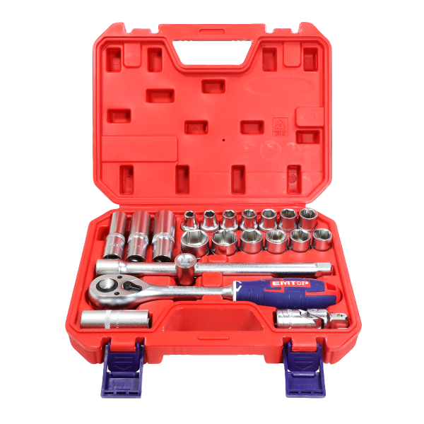 Coffret de douilles 1/2″ 21 pièces en acier Cr-V avec cliquet et accessoires – EMTOP