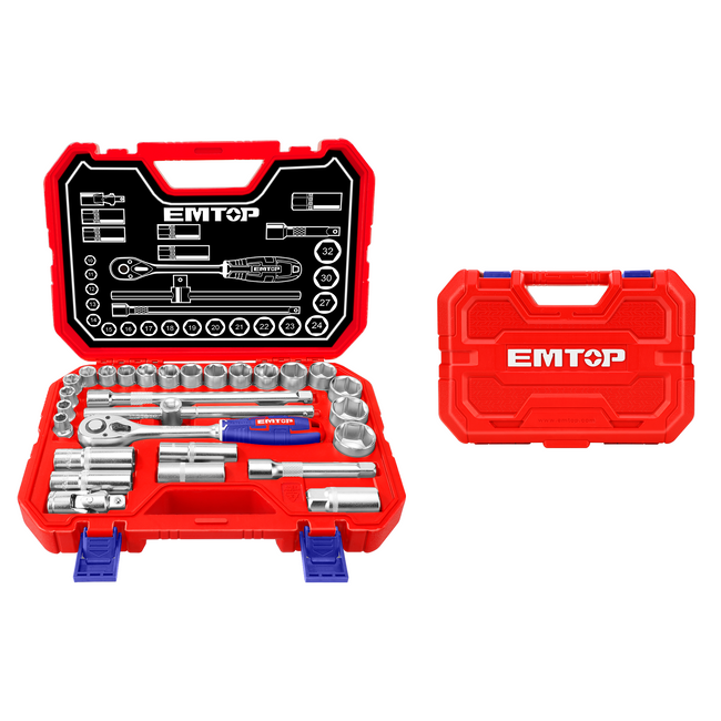 Coffret de douilles 1/2" Jeu de 28 pièces EMTOP Acier CR-V Hover Image