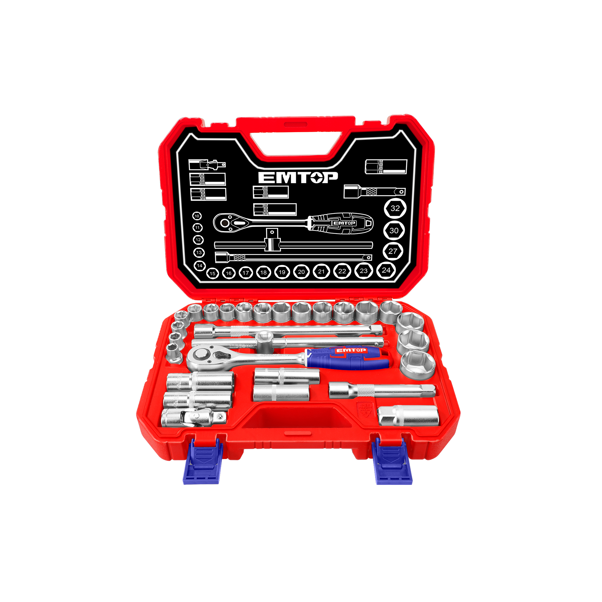 Coffret de douilles 1/2" Jeu de 28 pièces EMTOP Acier CR-V