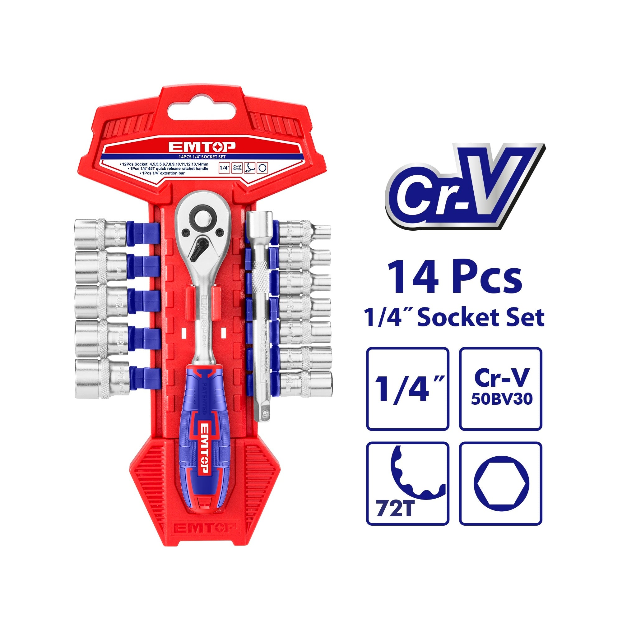 1/4" Jeu de clés à douille 14 pièces EMTOP