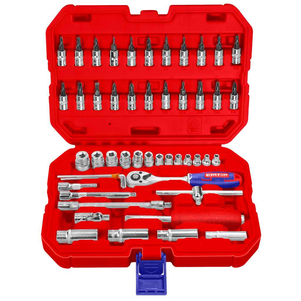 Coffret 50 pièces cliquet et douilles de 1/4" avec jeu de douilles métriques et rallonges flexibles avec clé à cliquet réversible pour mécanique & réparations EMTOP