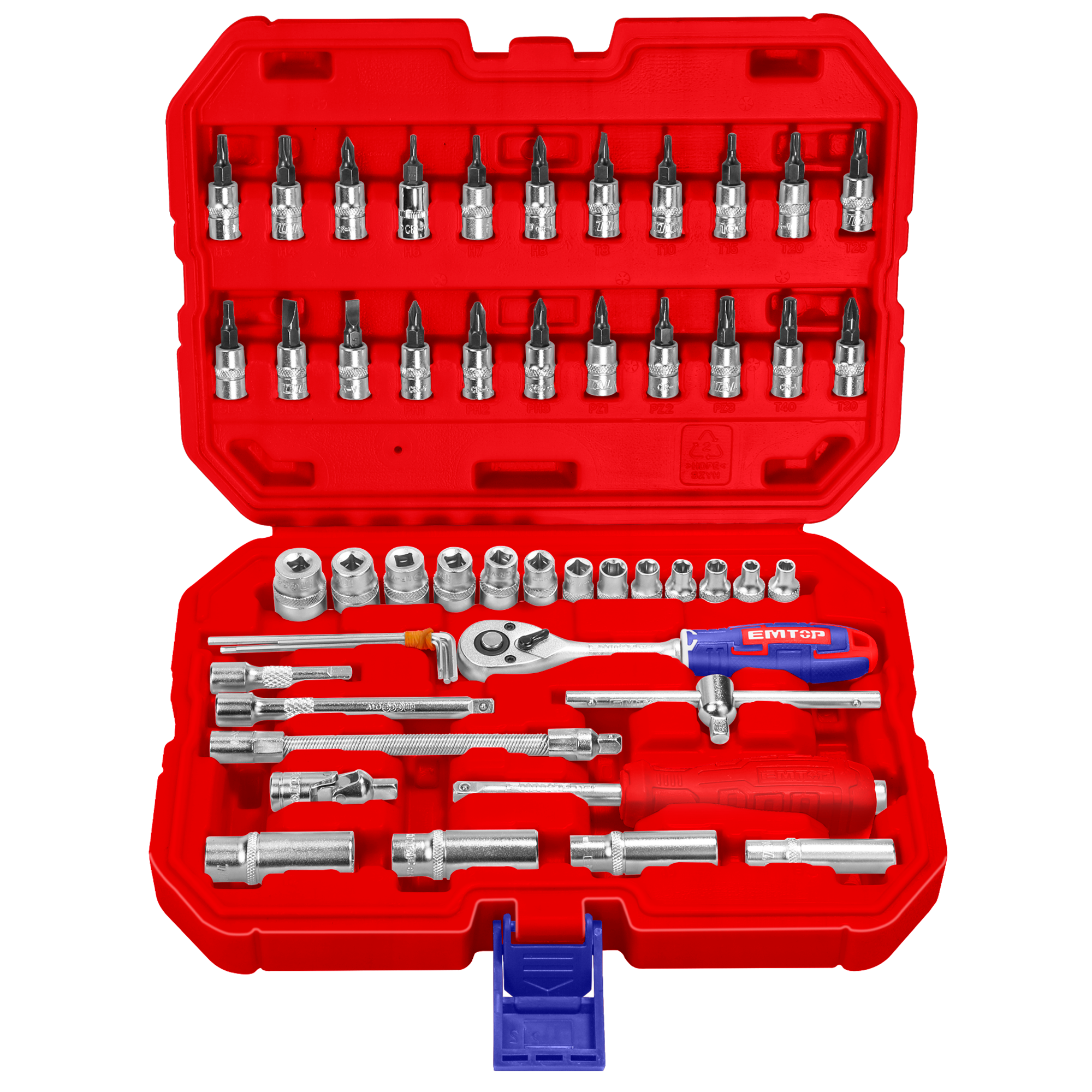 Coffret 50 pièces cliquet et douilles de 1/4" avec jeu de douilles métriques et rallonges flexibles avec clé à cliquet réversible pour mécanique & réparations EMTOP