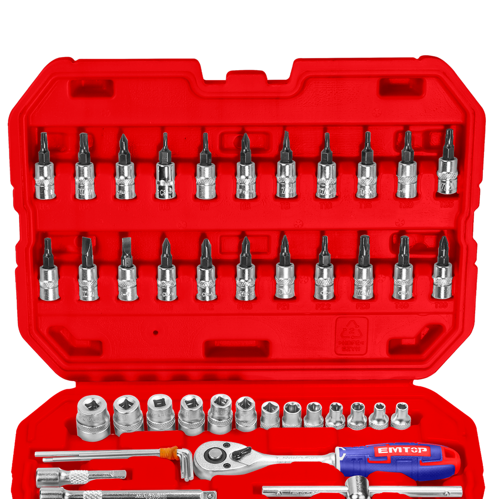 Coffret 50 pièces cliquet et douilles de 1/4" avec jeu de douilles métriques et rallonges flexibles avec clé à cliquet réversible pour mécanique & réparations EMTOP