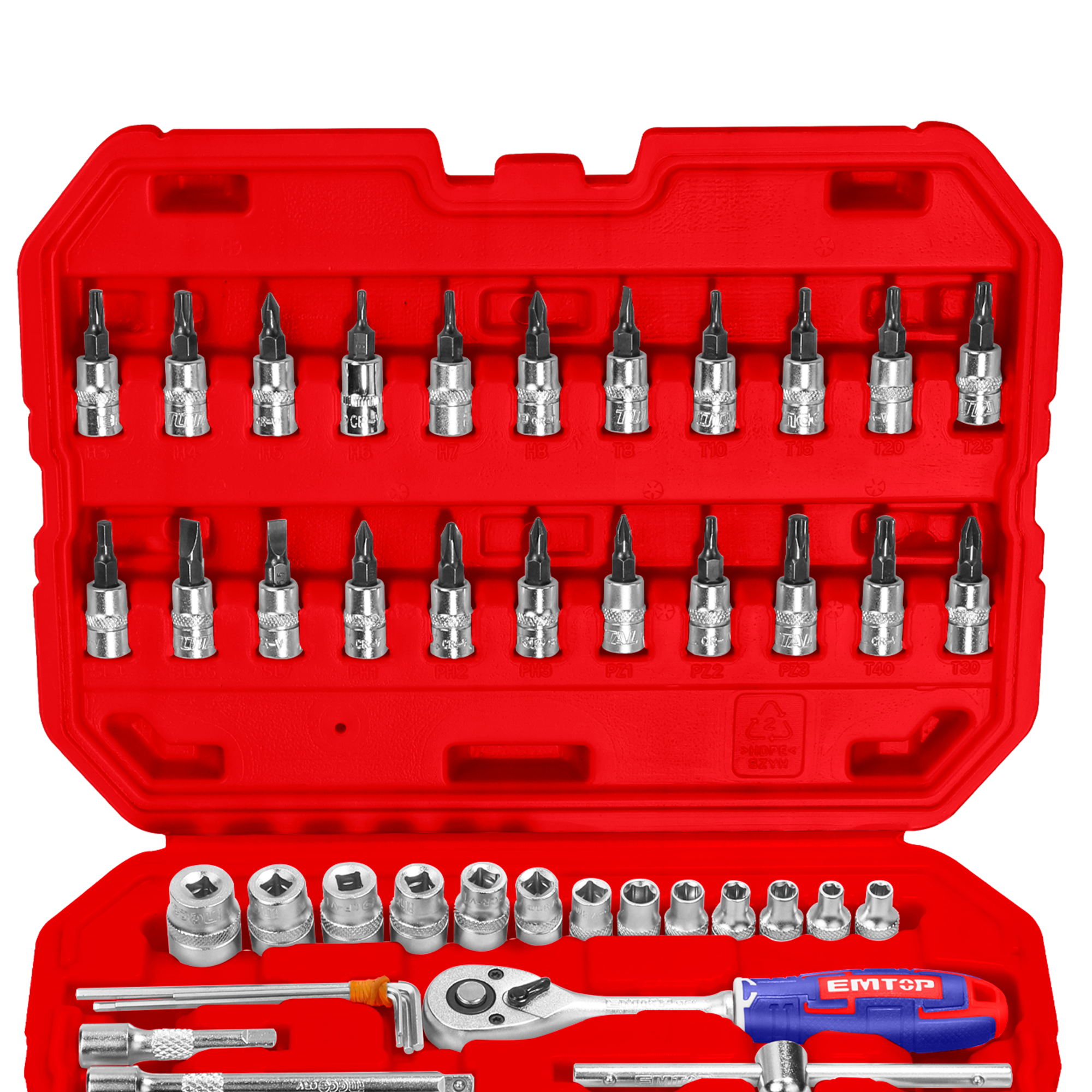 Coffret 50 pièces cliquet et douilles de 1/4" avec jeu de douilles métriques et rallonges flexibles avec clé à cliquet réversible pour mécanique & réparations EMTOP