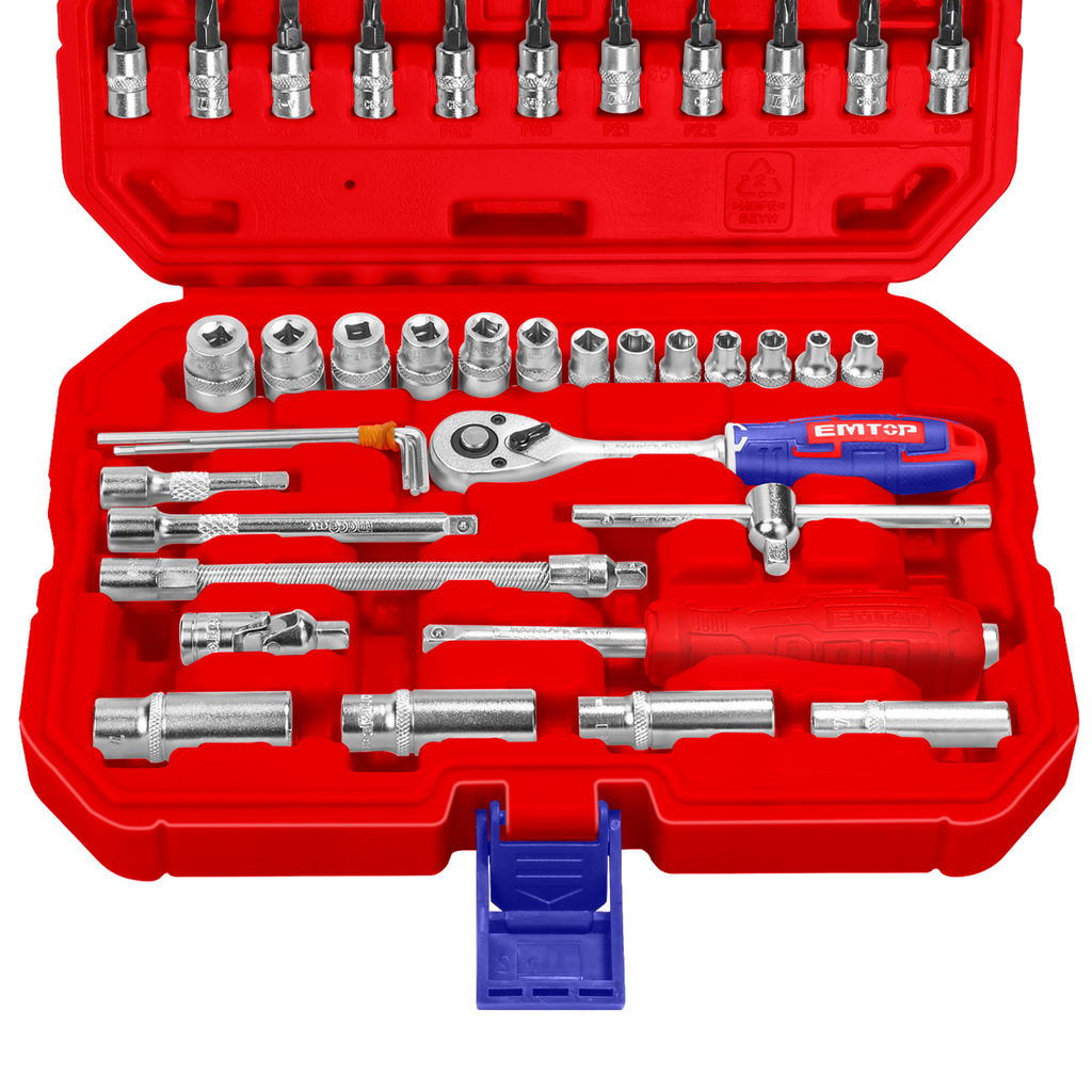 Coffret 50 pièces cliquet et douilles de 1/4" avec jeu de douilles métriques et rallonges flexibles avec clé à cliquet réversible pour mécanique & réparations EMTOP