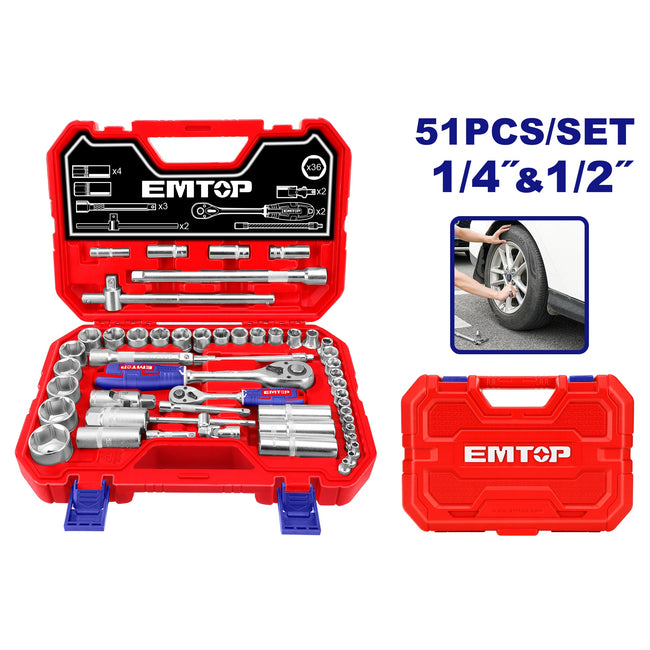 1/4" et 1/2" Coffret cliquet et douilles 51 pièces EMTOP Hover Image