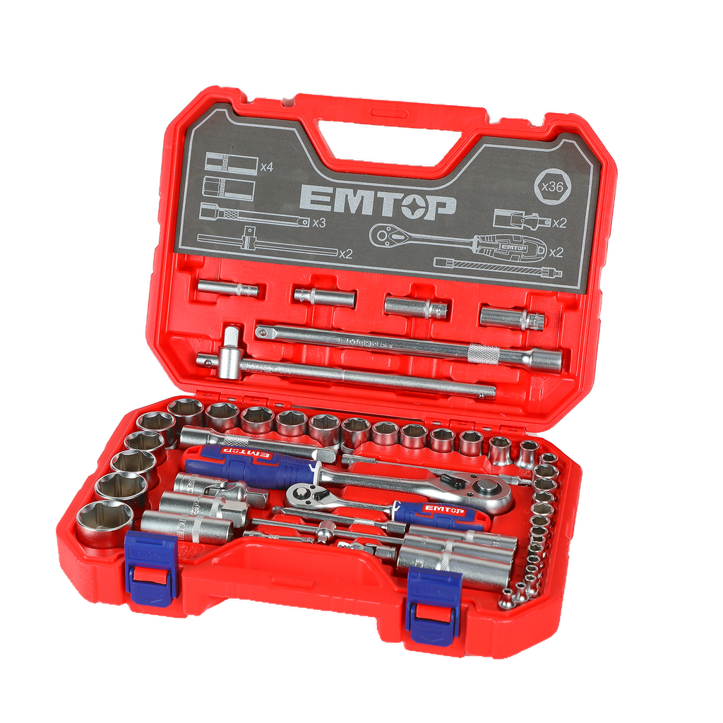 1/4" et 1/2" Coffret cliquet et douilles 51 pièces EMTOP