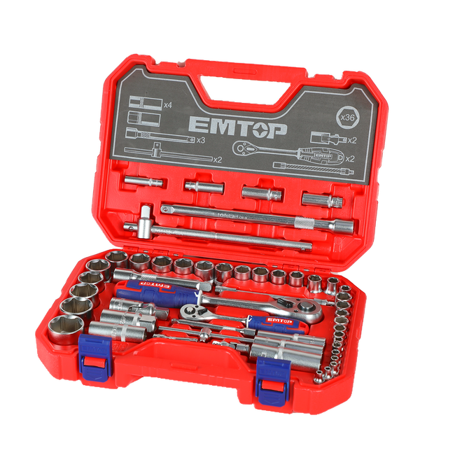 1/4" et 1/2" Coffret cliquet et douilles 51 pièces EMTOP Main Image