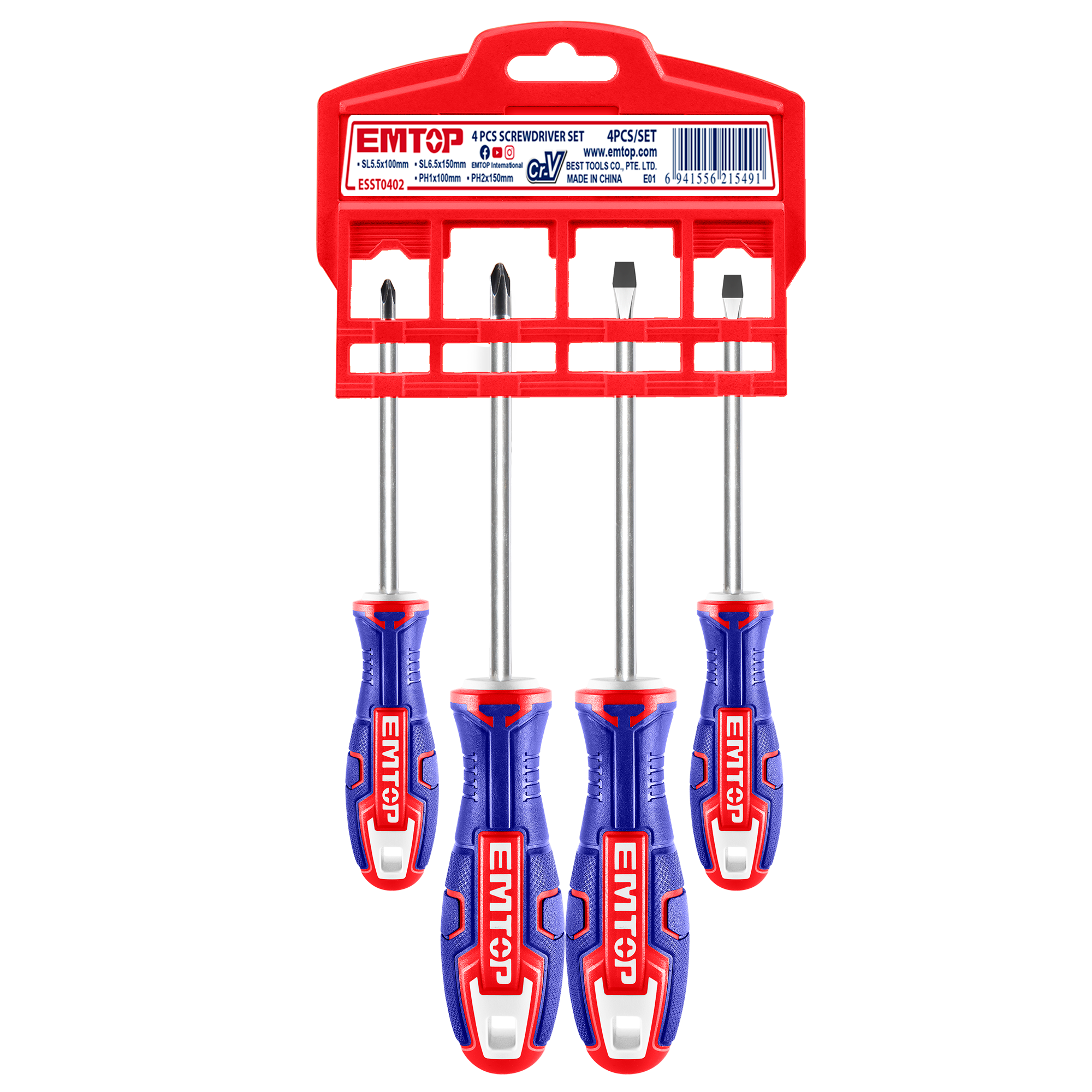 EMTOP Jeu de 4 tournevis magnétique Acier CR-V