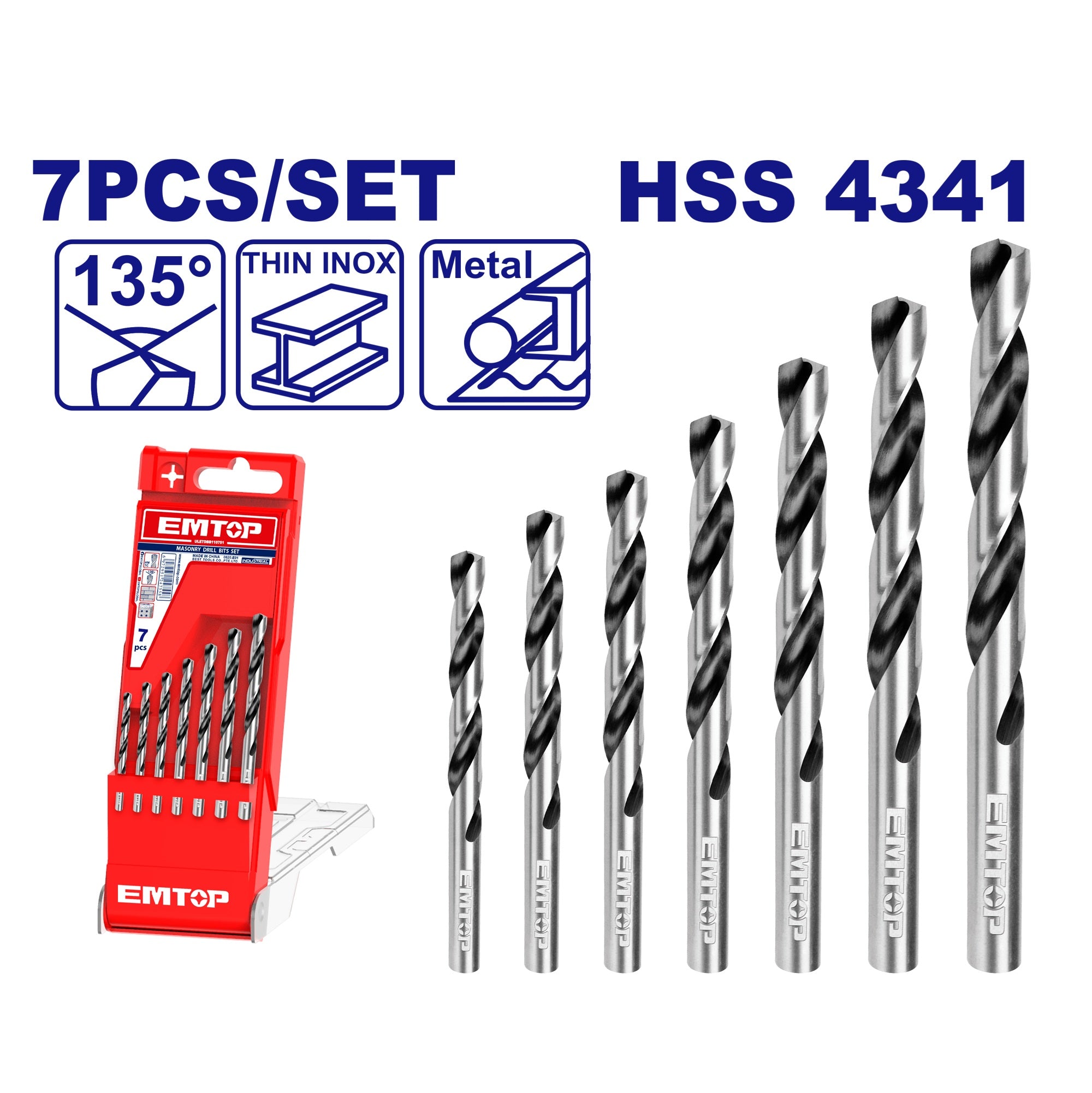7 Pcs HSS ensemble de forets à métaux ETDBB11075 EMTOP