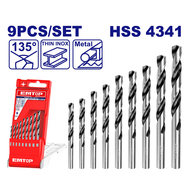 9 pièces forets hélicoïdaux à tige droite en acier HSS EMTOP Hover Image