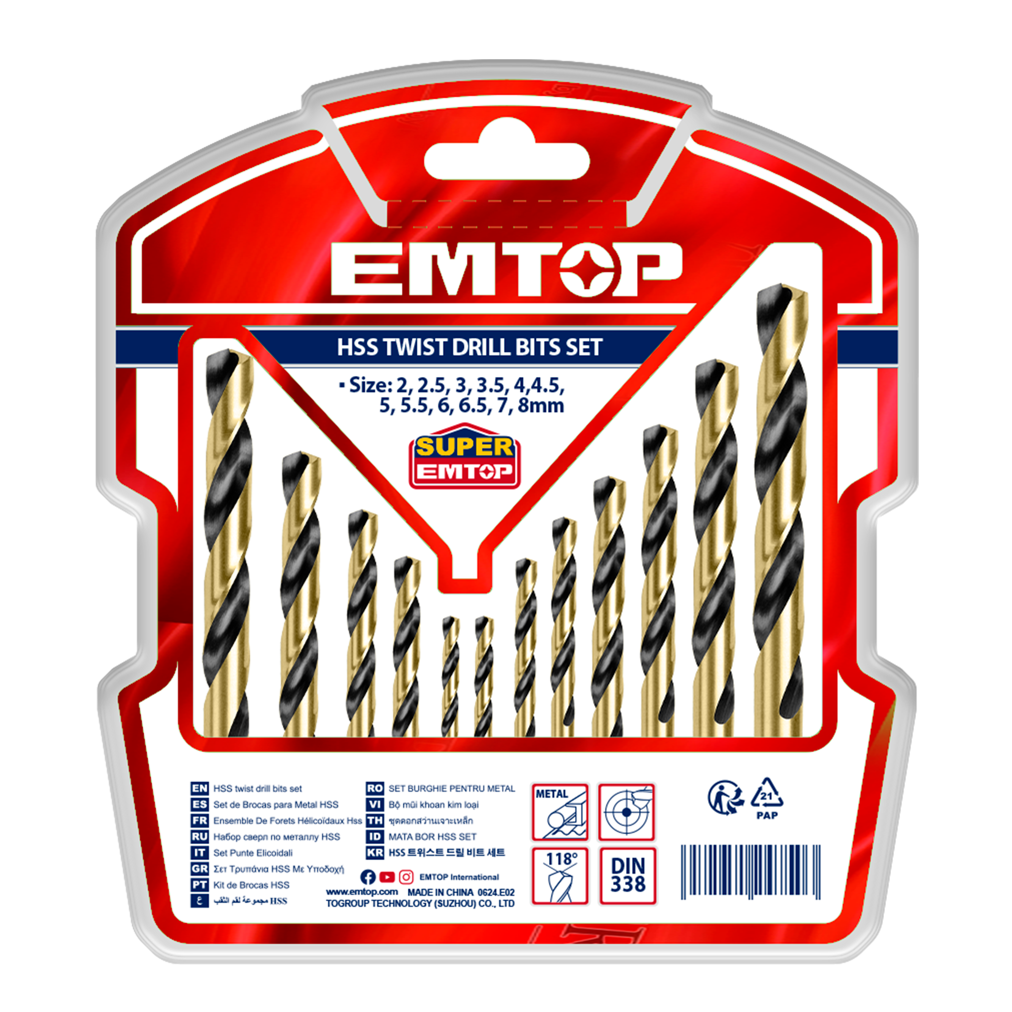 Jeu de forets hélicoïdaux métal HSS 12 pièces EMTOP