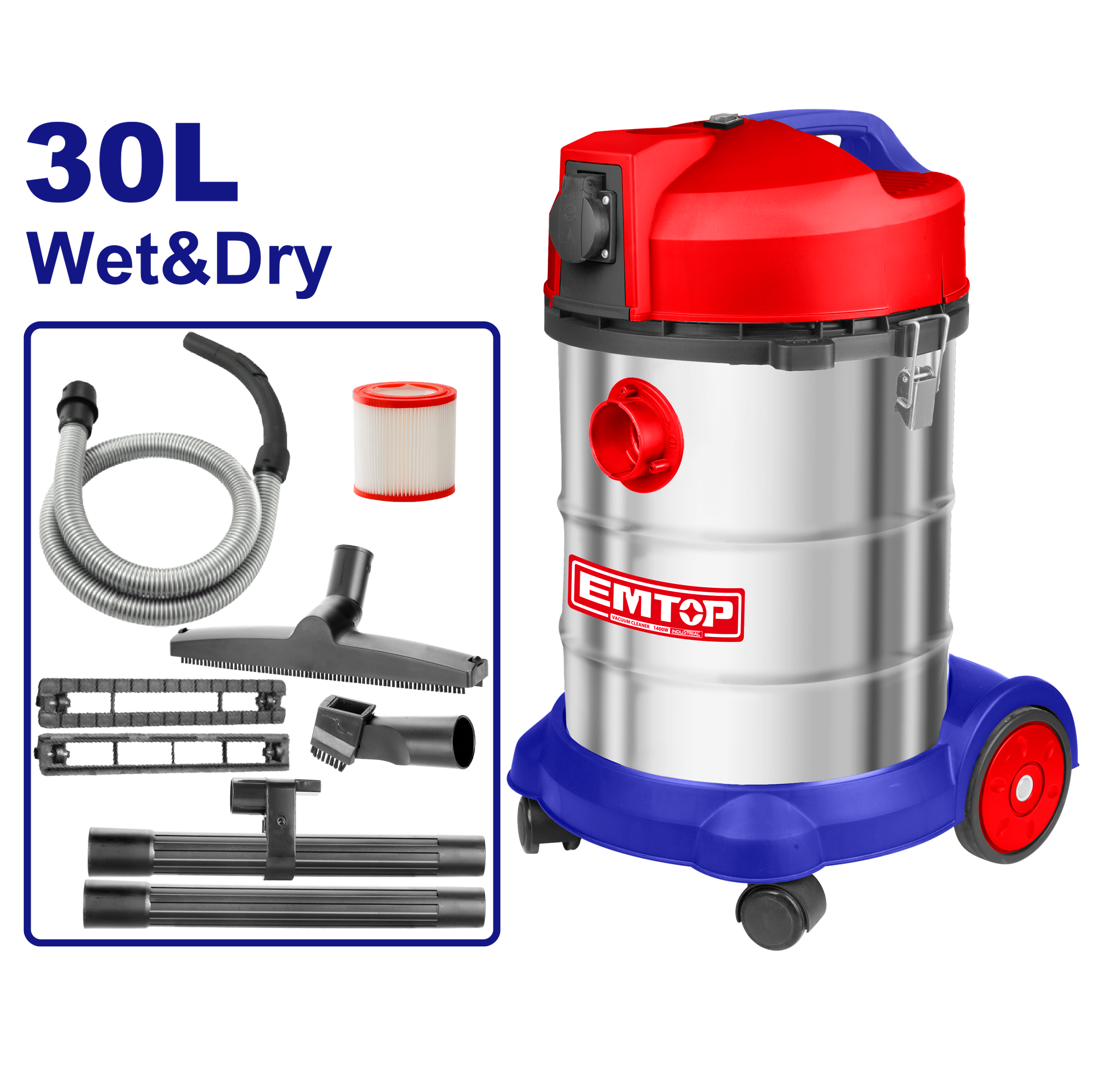Aspirateur eau et poussière filaire 1400W EMTOP 30L avec accessoires