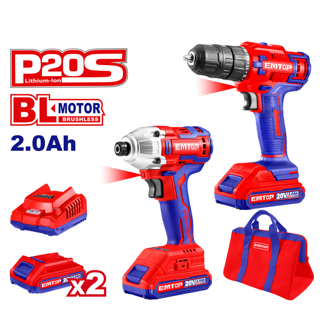 Combo kit perceuse visseuse 45Nm + visseuse à chocs 170Nm sans fil 20V EMTOP 1 chargeur + 2 Batteries 2.0Ah Hover Image