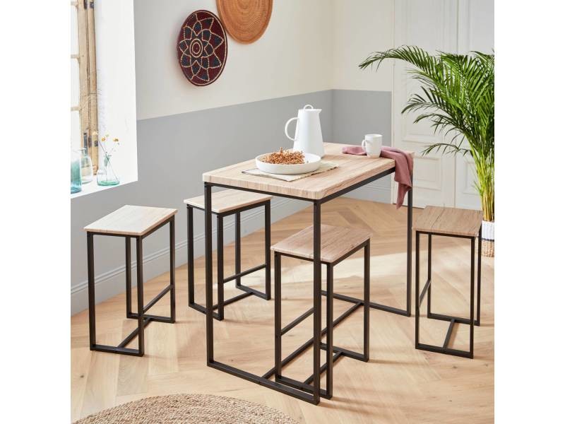 Ensemble de table de bar haute avec 4 tabourets en bois struture en métal noir repose-pieds 100X60XH89CM ET 40X30XH60CM