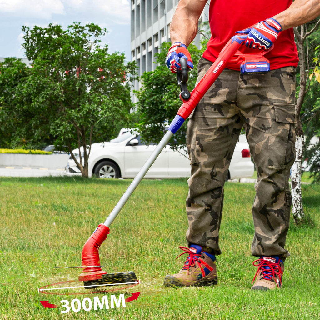 Coupe-bordures sur batterie EMTOP 20V avec 1 chargeur + 1 Batterie Lithium-ion 2.0Ah + 2 bobines de ligne Longueur de ligne 5 m avec tube télescopique poignée de réglable