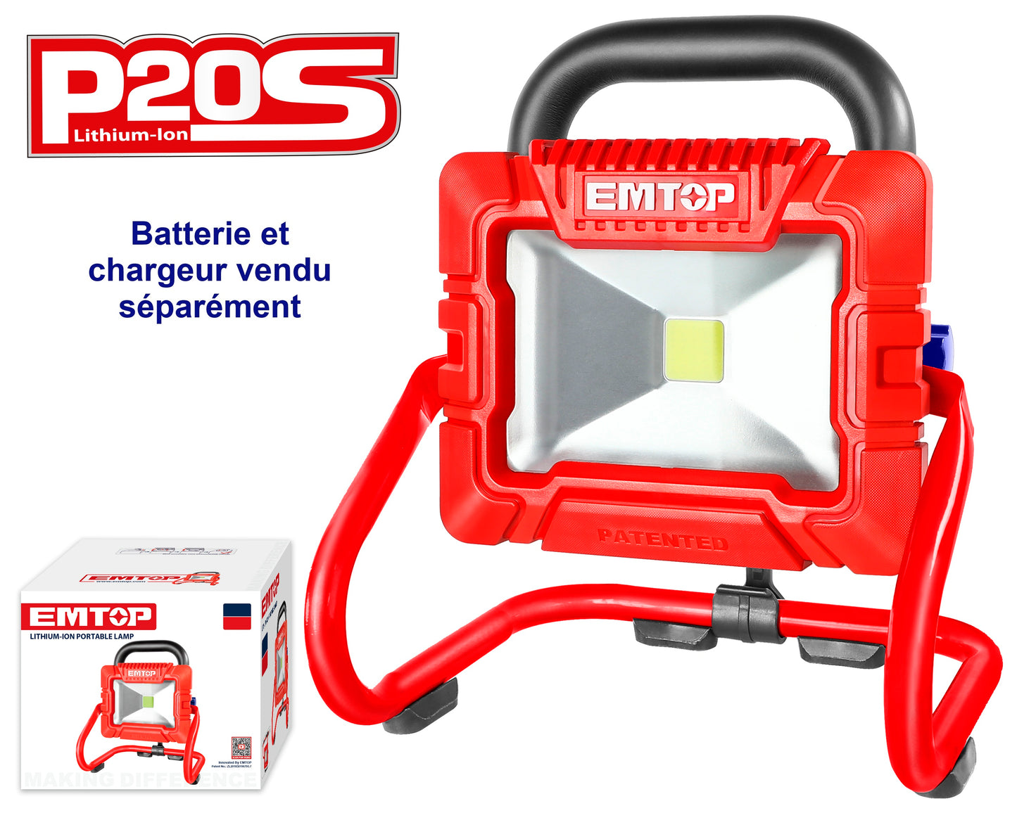 Projecteur de chantier à batterie LED 20W sans fil EMTOP 20V 1800 lumens batterie et chargeur vendus séparément