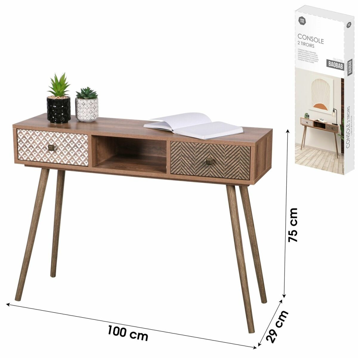 Console baobab en mdf 2 tiroirs et 1 niche ouverte L.100 cm x H.75 cm