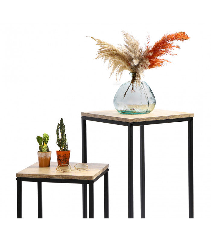 SET DE 2 SELLETTES TABLE BASSE DECORE TABLE D'APPOINT CONSOLE EN BOIS ET MÉTAL NOIR 34X34XH74CM ET 30X30XH54CM