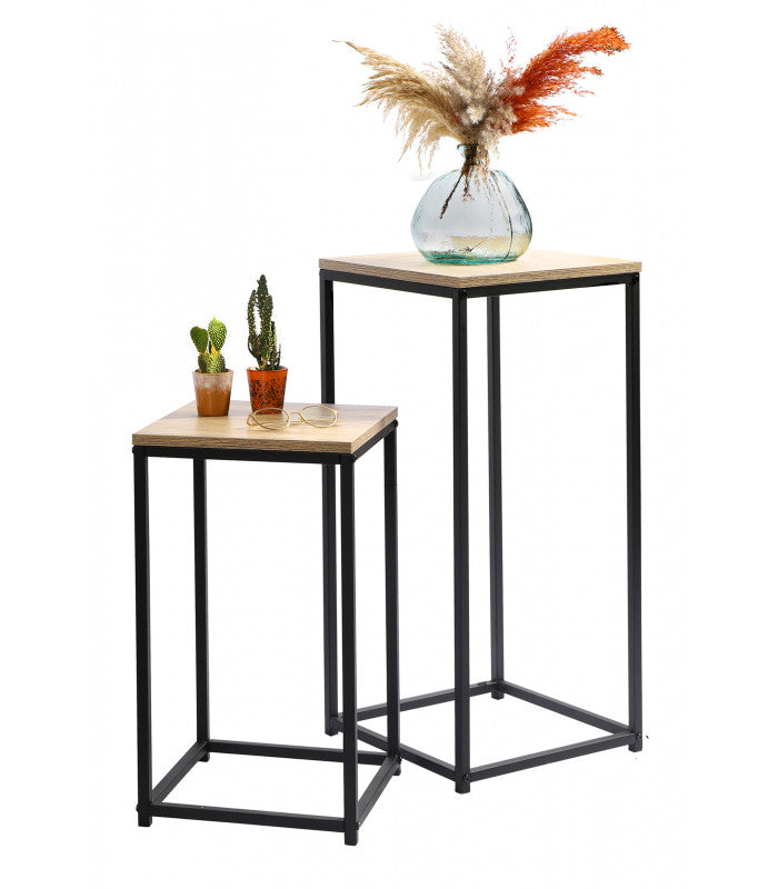 SET DE 2 SELLETTES TABLE BASSE DECORE TABLE D'APPOINT CONSOLE EN BOIS ET MÉTAL NOIR 34X34XH74CM ET 30X30XH54CM