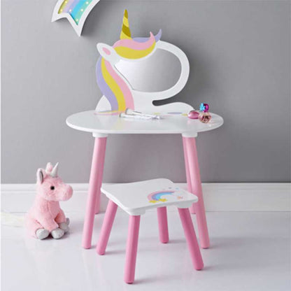 Coiffeuse Mirroir blanche fille avec tabouret - 45x60x80cm / 32x32x25cm - Licorne