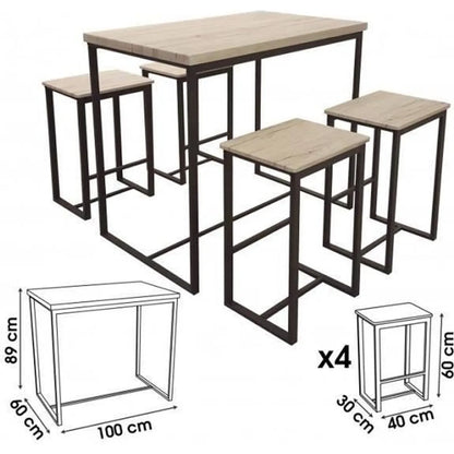 Ensemble de table de bar haute avec 4 tabourets en bois struture en métal noir repose-pieds 100X60XH89CM ET 40X30XH60CM