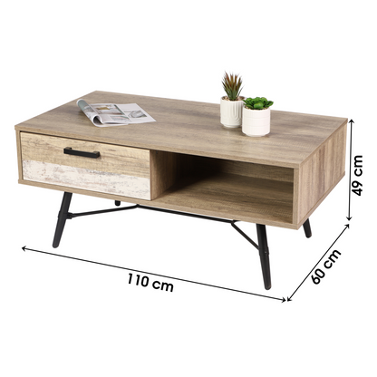 Table basse 1 tiroir 1 Niches en bois avec struture en métal noir 110 x 60 x H 49 cm BROOKLYN