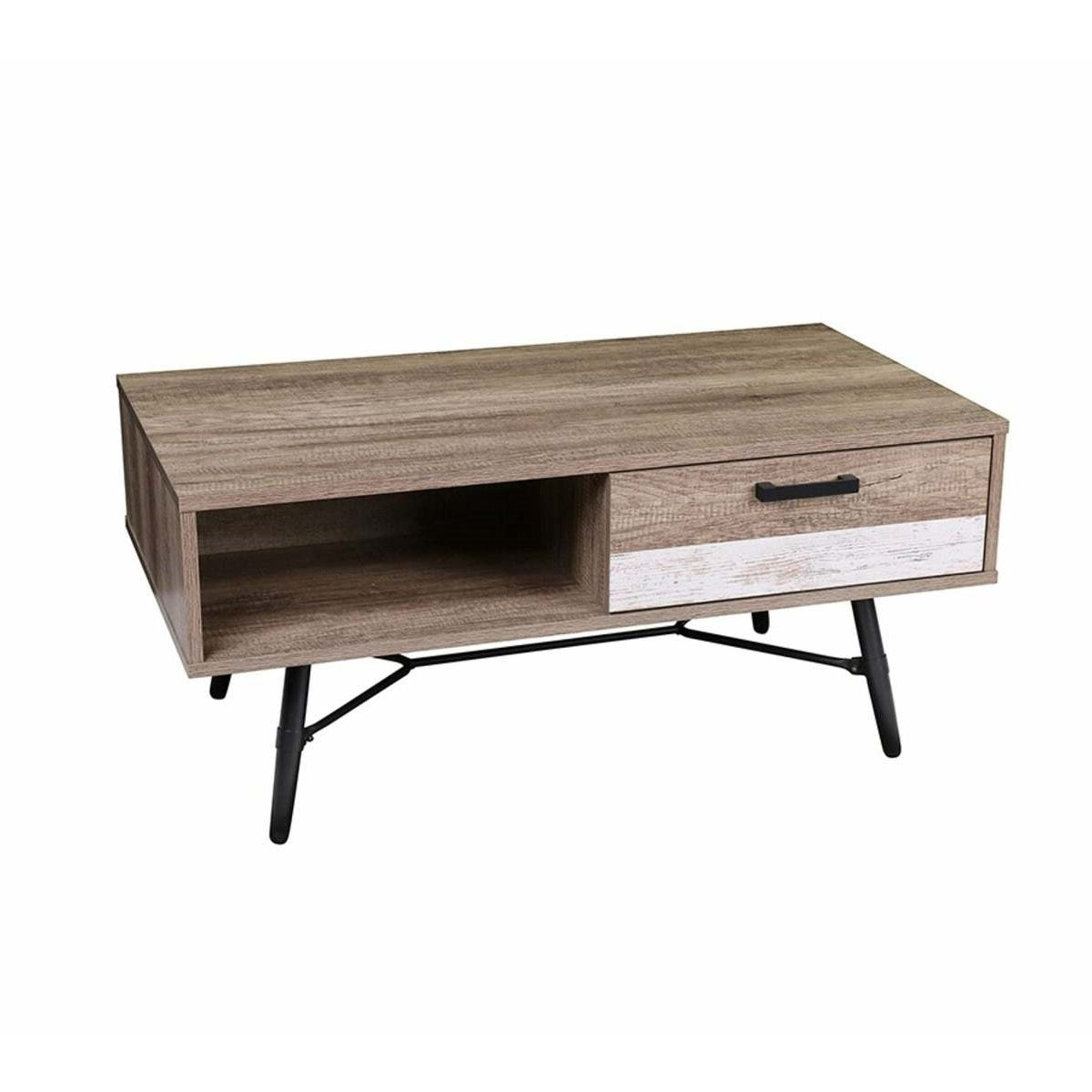 Table basse 1 tiroir 1 Niches en bois avec struture en métal noir 110 x 60 x H 49 cm BROOKLYN