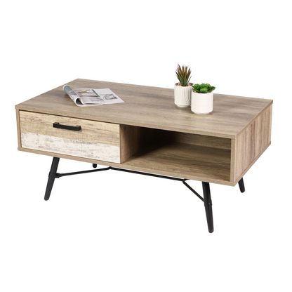 Table basse 1 tiroir 1 Niches en bois avec struture en métal noir 110 x 60 x H 49 cm BROOKLYN