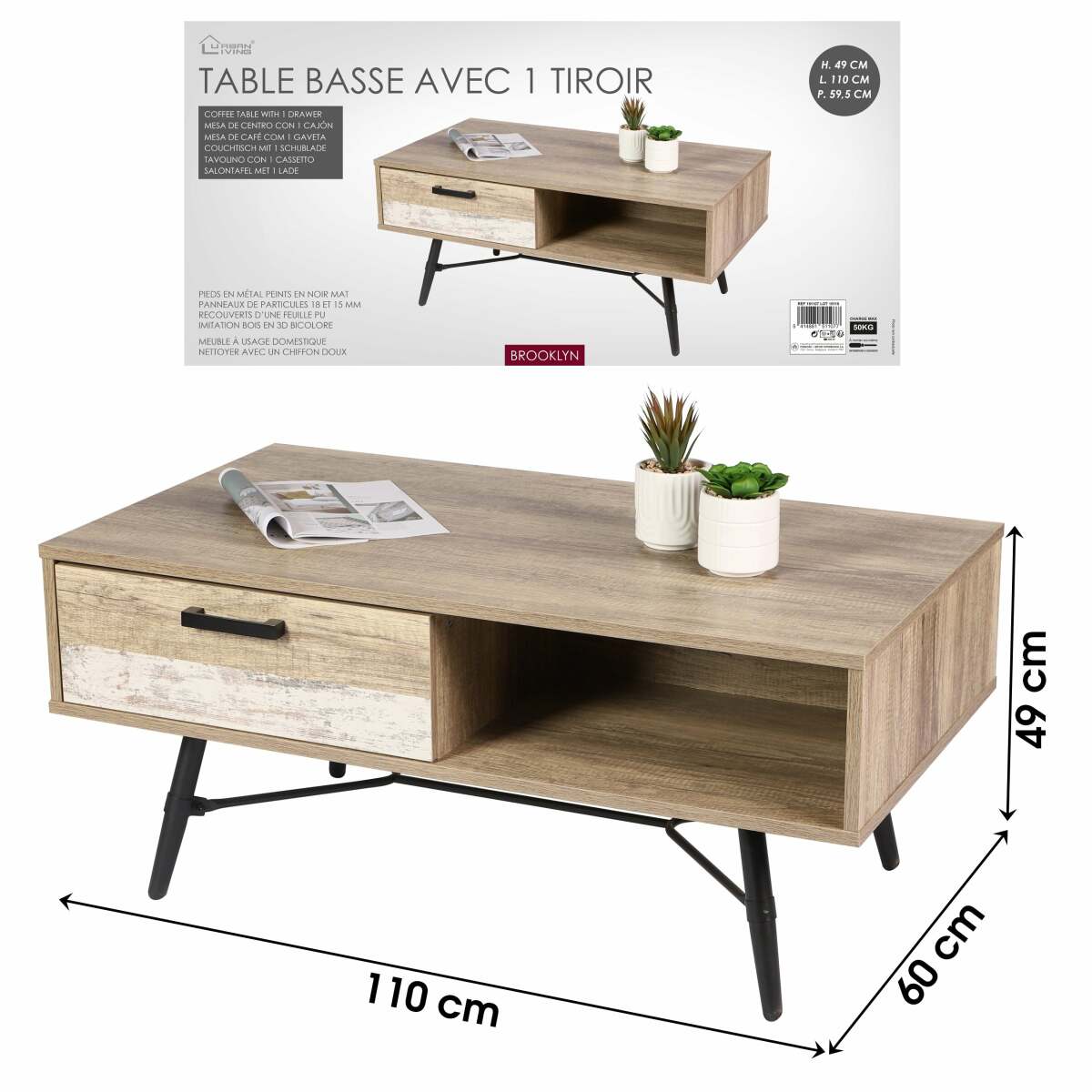 Table basse 1 tiroir 1 Niches en bois avec struture en métal noir 110 x 60 x H 49 cm BROOKLYN