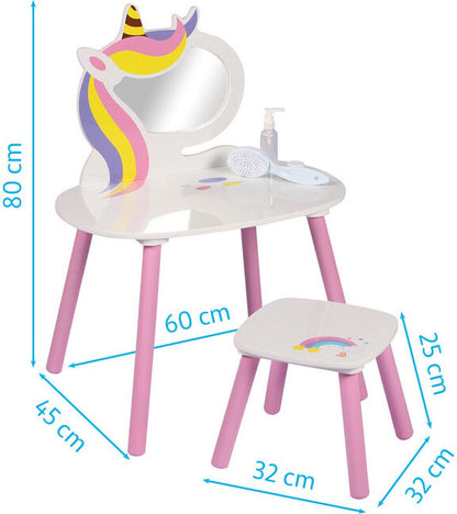 Coiffeuse Mirroir blanche fille avec tabouret - 45x60x80cm / 32x32x25cm - Licorne