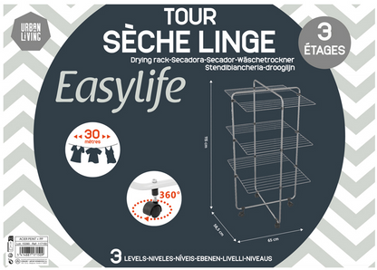 Etendoir séchoir à linge tour 3 étages pliable en métal chromé avec roulettes