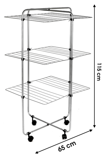 Etendoir séchoir à linge tour 3 étages pliable en métal chromé avec roulettes