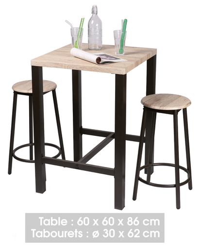 Ensemble de table de bar carrée 60 x 60 x 86 cm + 2 tabourets en bois struture en métal noir repose-pieds D30x62 cm