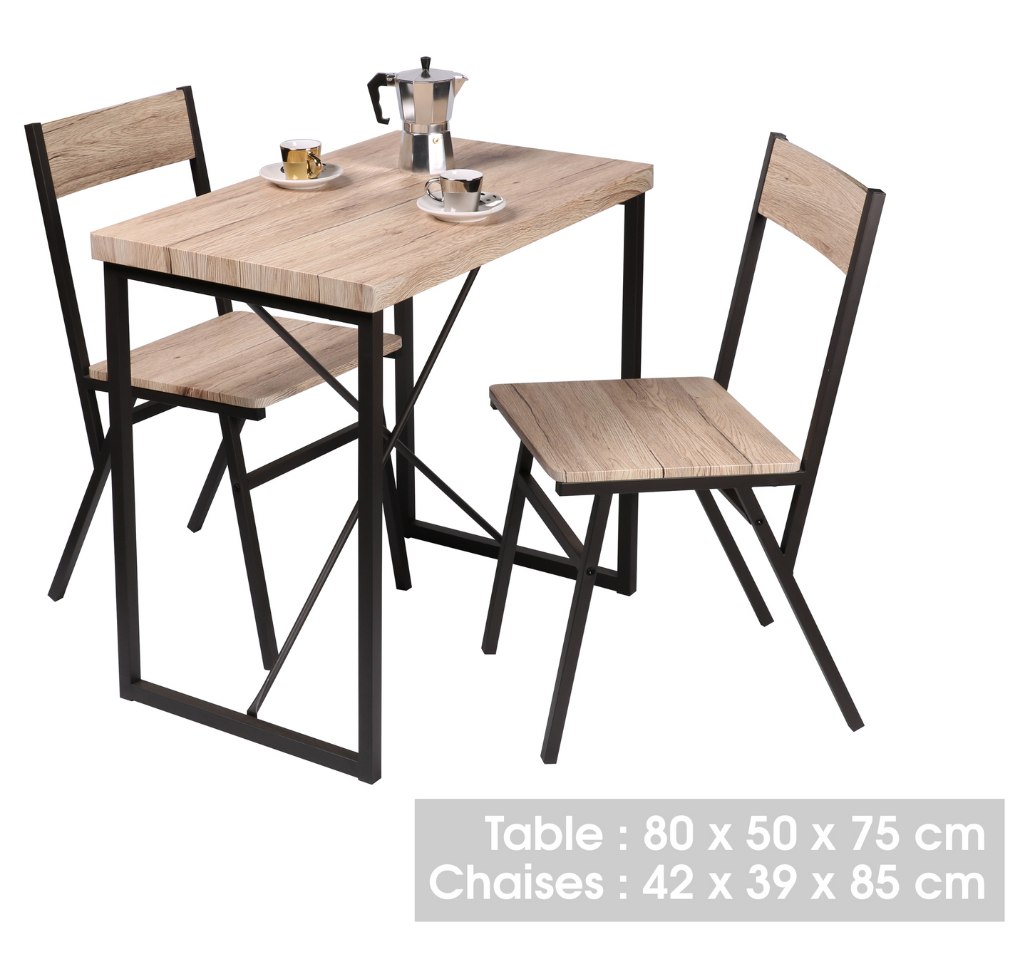 Ensemble de table avec 2 chaises en bois avec struture en métal noir table 80L x 50l x 75H cm  / chaise 42 x 39 x 85cm