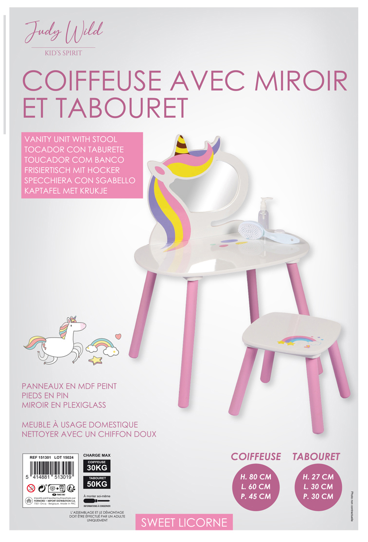 Coiffeuse Mirroir blanche fille avec tabouret - 45x60x80cm / 32x32x25cm - Licorne