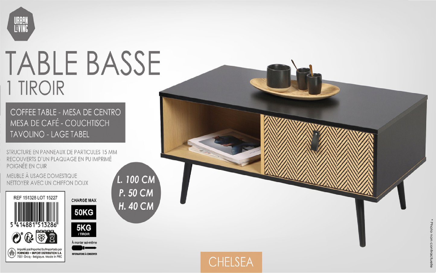 Table basse contemporaine effet bois Chelsea décorée avec poignées effet cuir 100x50xH40 cm