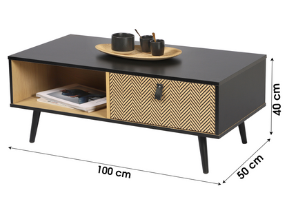 Table basse contemporaine effet bois Chelsea décorée avec poignées effet cuir 100x50xH40 cm