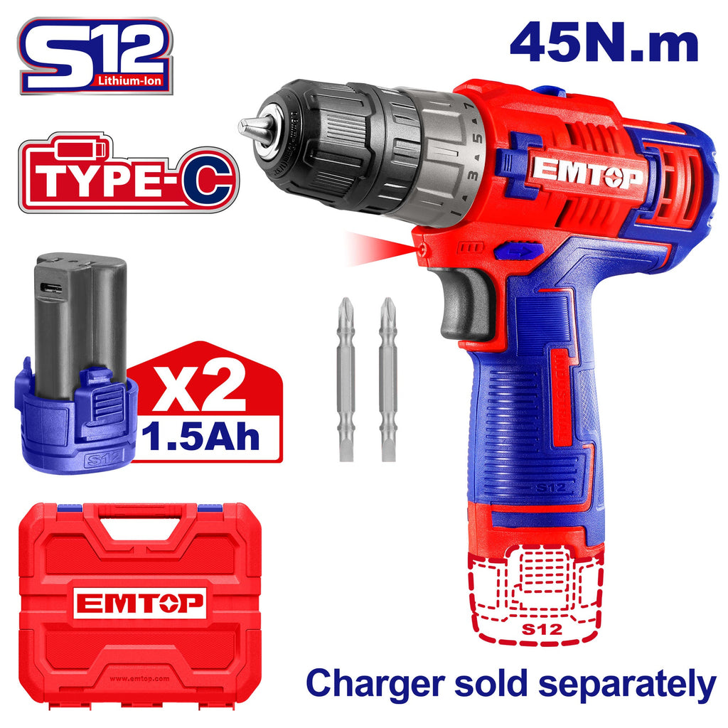 Perceuse visseuse sans fil 45Nm 12V EMTOP avec 2 Batteries 1.5Ah USB type-C Chargeur vendu séparément