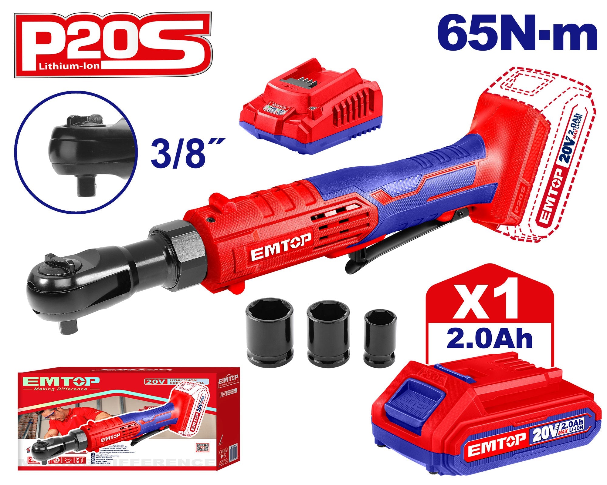 Clé à cliquet électrique sans fil 20V 65Nm 3/8" EMTOP avec 1 Batterie 2.0Ah + Chargeur + 3 Douilles