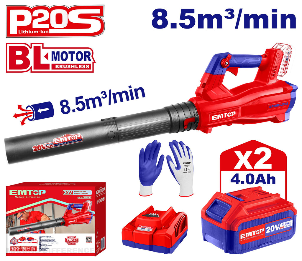 Souffleur à batterie 20V EMTOP Moteur brushless avec 1 chargeur + 2 batteries 4.0Ah + Gant picots PVC