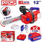 Tronçonneuse à batterie 20V Longueur de Coupe 30 cm EMTOP brushless avec 1 chargeur + 2 batteries 5.0Ah