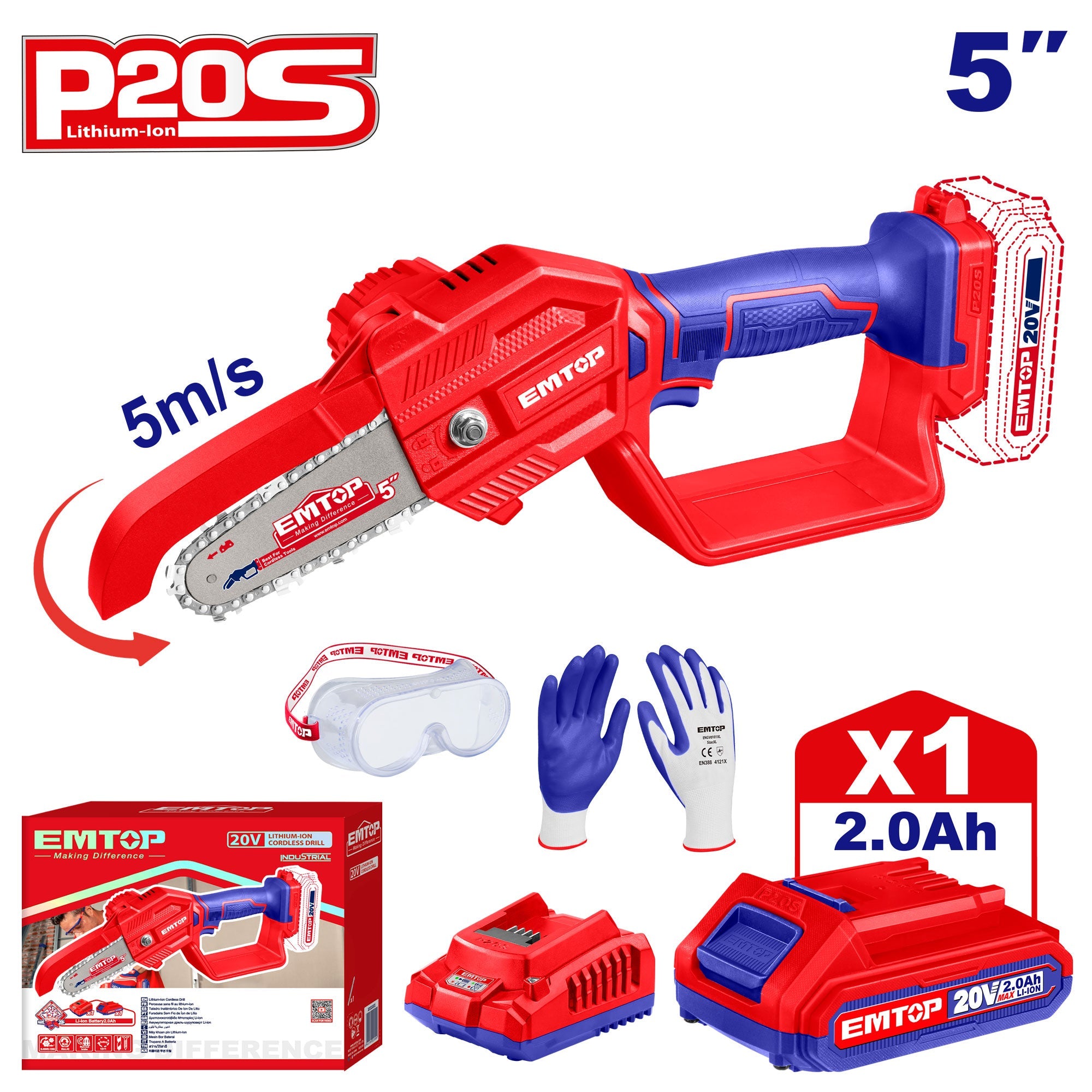 Tronçonneuse élagueuse sur batterie 20V Longueur de Coupe 13 cm EMTOP 20V avec 1 chargeur + 1 batterie 2.0Ah