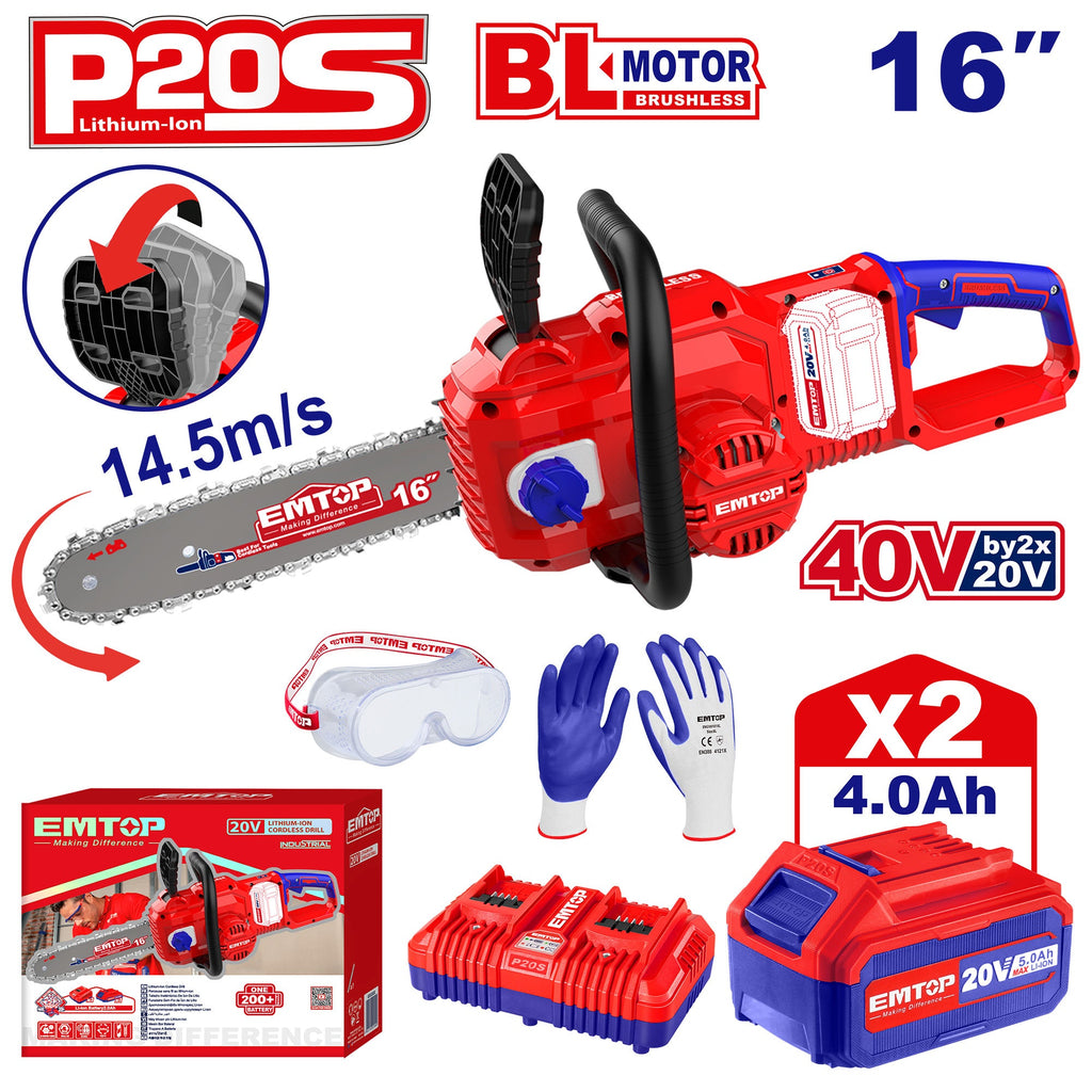 Kit tronçonneuse à batterie 40V Longueur de Coupe 40 cm EMTOP brushless avec 1 chargeur double port + 2 batteries 4.0Ah