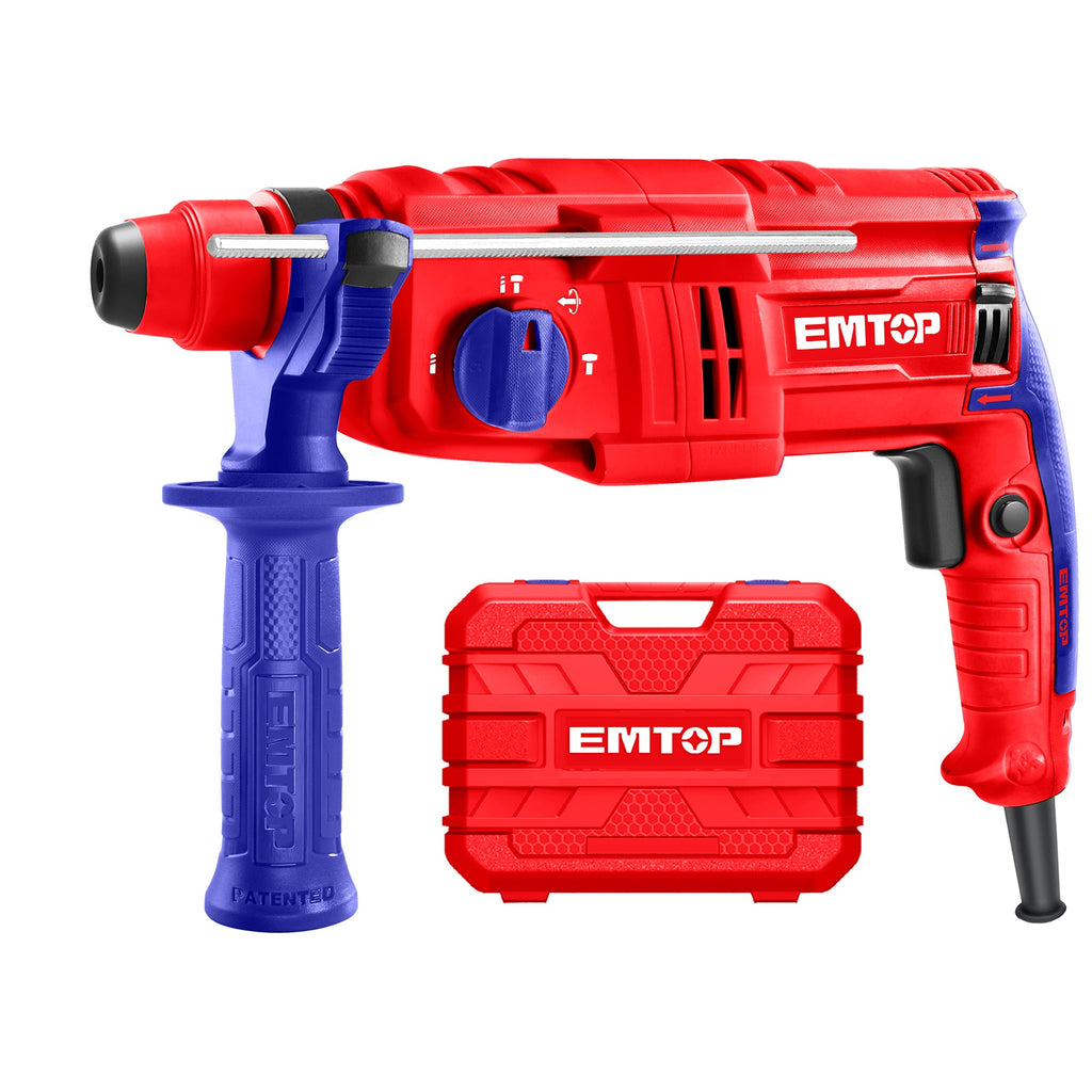 Marteau perforateur filaire 650W EMTOP Système de mandrin SDS plus avec 3 forets et 2 burins 1 ensemble de balais de charbon + Boîte en plastique